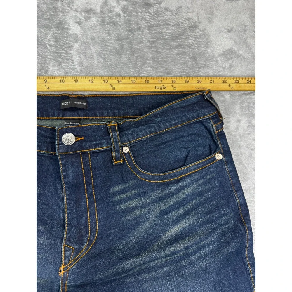 True Religion Men's sz 40 Ricky Relaxed Straight Jeans Dark Wash Bootcut Stretch